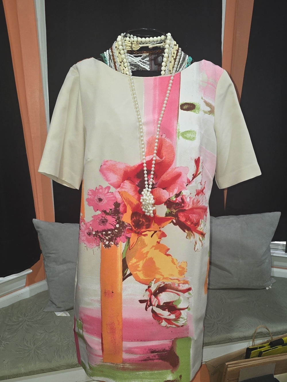 Julian Taylor Cream Midi Dress with Pink & Orange Floral Print